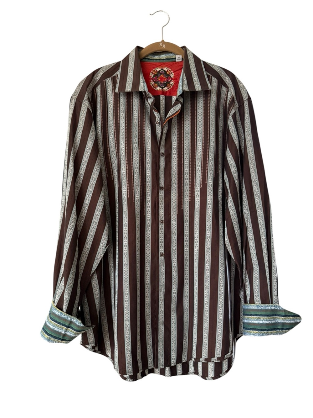 Robert Graham Men's Cotton Silk Brown Striped Button-Up Shirt Size XL